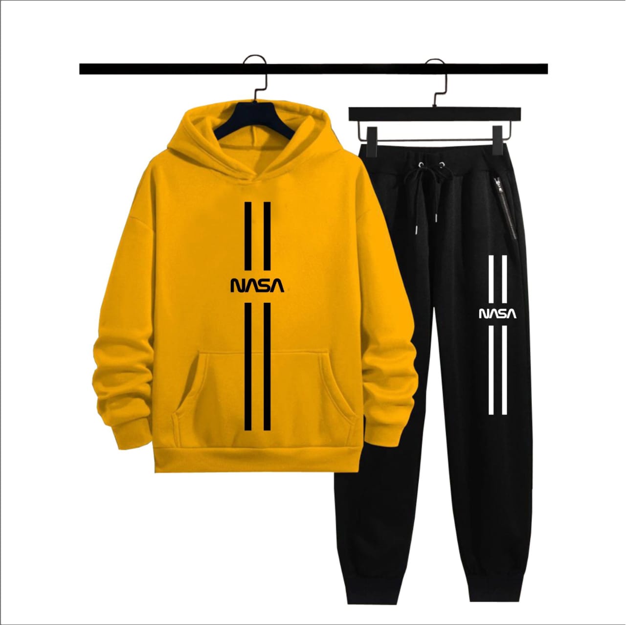 Yellow hoodie and black pants with NASA logo on hangers against a white background