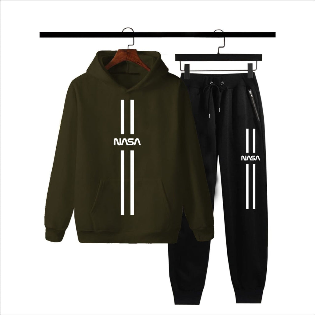 NASA-themed hoodie and pants set on hangers against a white background