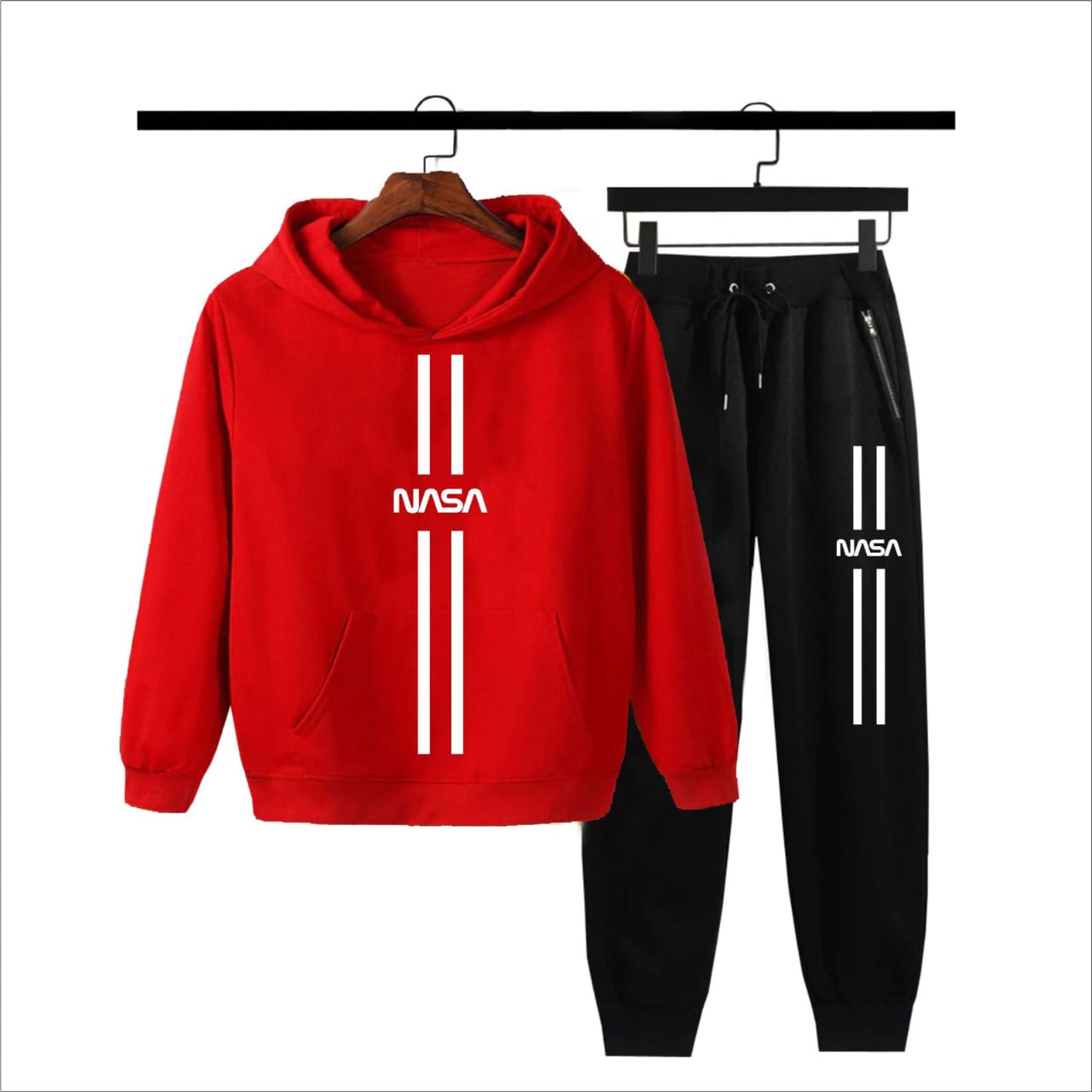 Red hoodie and black pants set with NASA logo on hangers against a white background
